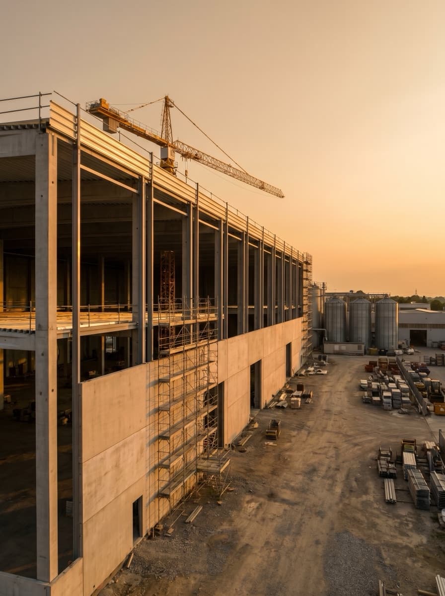 Anahtar teslim — endüstriyel fabrika yapısının ileri inşaat aşaması, golden hour tower crane silüeti